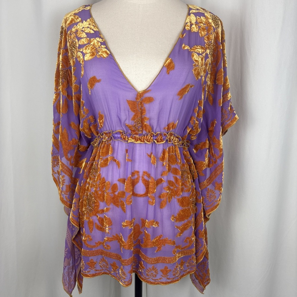Hale Bob Silk Blend Velvet Burnout Purple Orange Beaded Blouse Witchy Whimsigoth